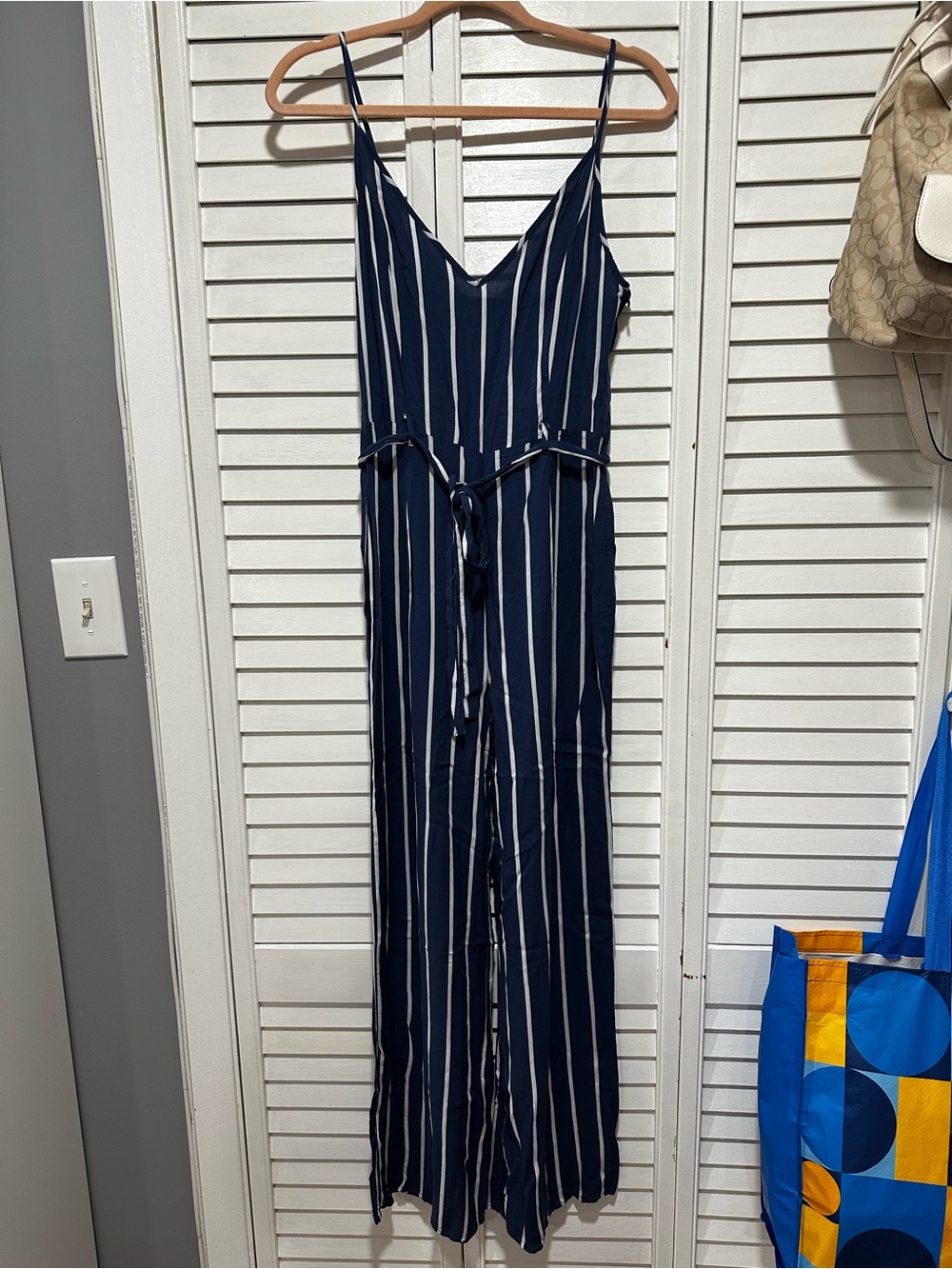 Forever 21 Navy and White Vertical-Stripe Spaghetti-Strap Jumpsuit